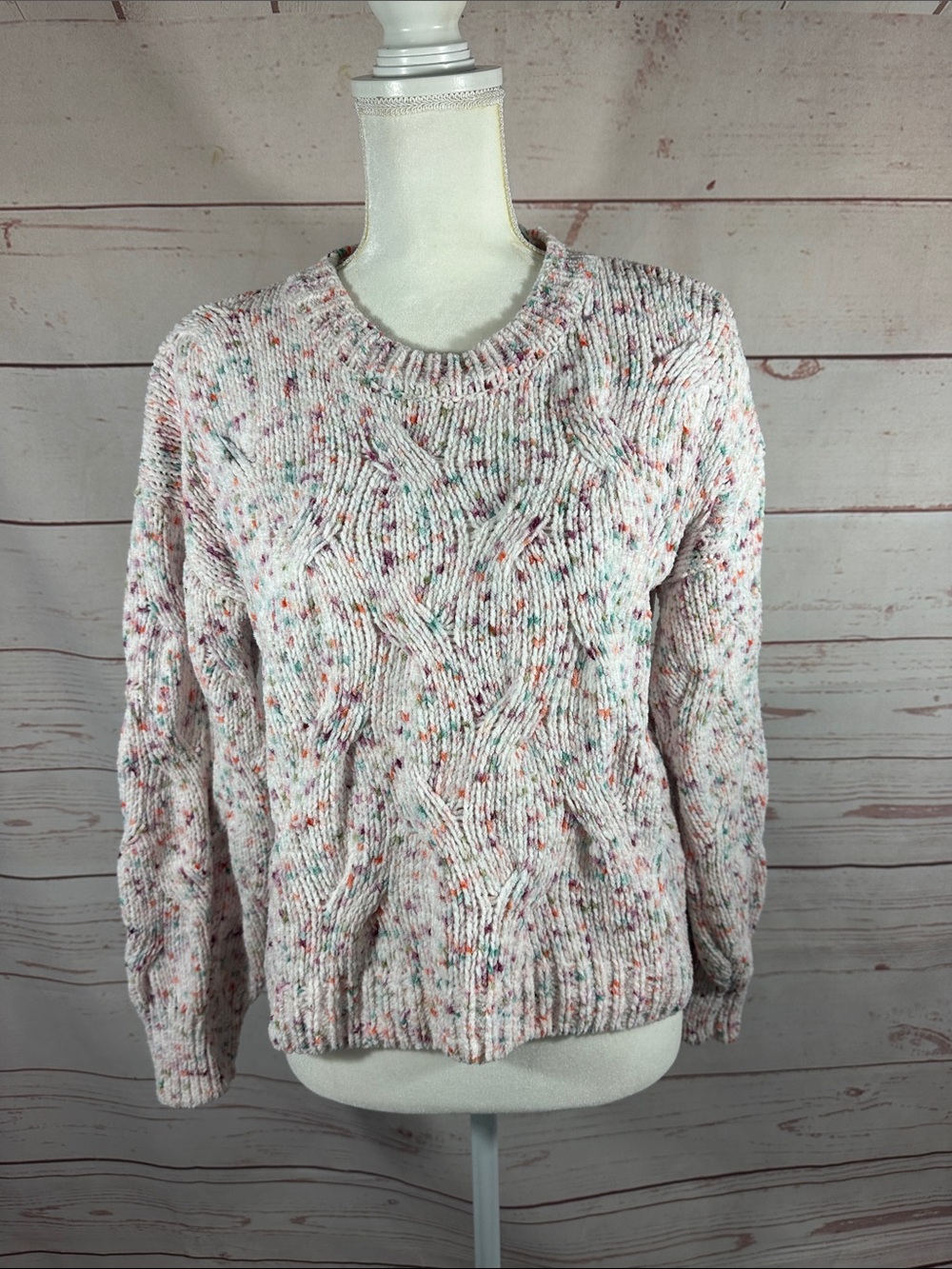 Pink Rose - Speckled Cable Knit Crewneck Sweater - Pink Speckle